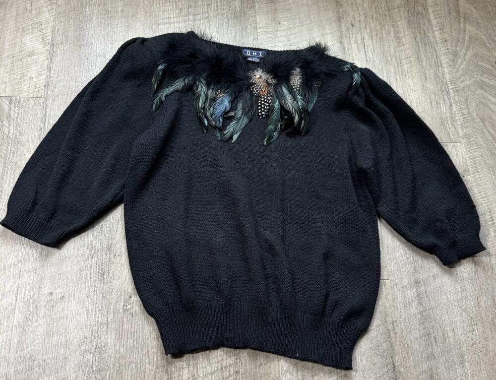 Vintage OHI Black Feather Trim Sweater Medium Avant Garde Puff Sleeve Artsy 90s
